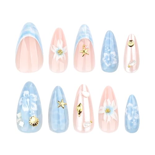 Almond Press on Nails Medium Fake Nails 3D Flower French Tip False Nails for Women
| Water Ripple Glossy Glue on Nails