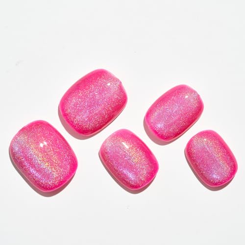GLAMERMAID Rainbow Hot Pink Cat Eyes Press on Nails for Women Glossy Round Reusable UV Finish Handmade Nail Kits  
GLAME