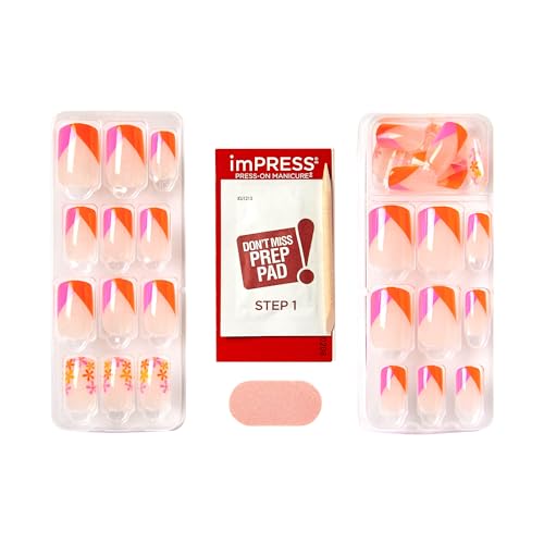 KISS imPRESS No Glue Mani Press On Nails for Nail Art Enthusiasts, Easy Apply & Remove, Medium Coffin Design, Red & Pink