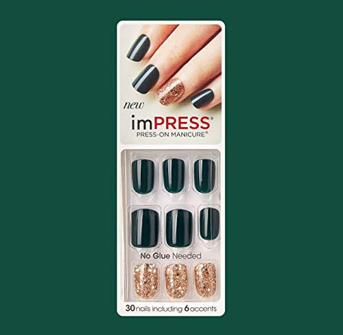 imPRESS by Kiss Hunter Green Nails with Gold Glitter & Silver Confetti Accents - Flash Mob #76002 for Fashionable Women