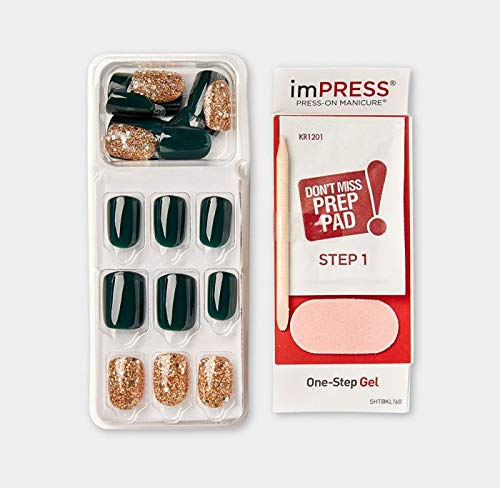 imPRESS by Kiss Hunter Green Nails with Gold Glitter & Silver Confetti Accents - Flash Mob #76002 for Fashionable Women