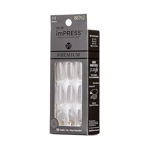 KISS imPRESS No Glue Mani Press Gray Nails for Legacy Medium Size Coffin Shape Manicure Kit Includes 30 Nails Prep Pad I