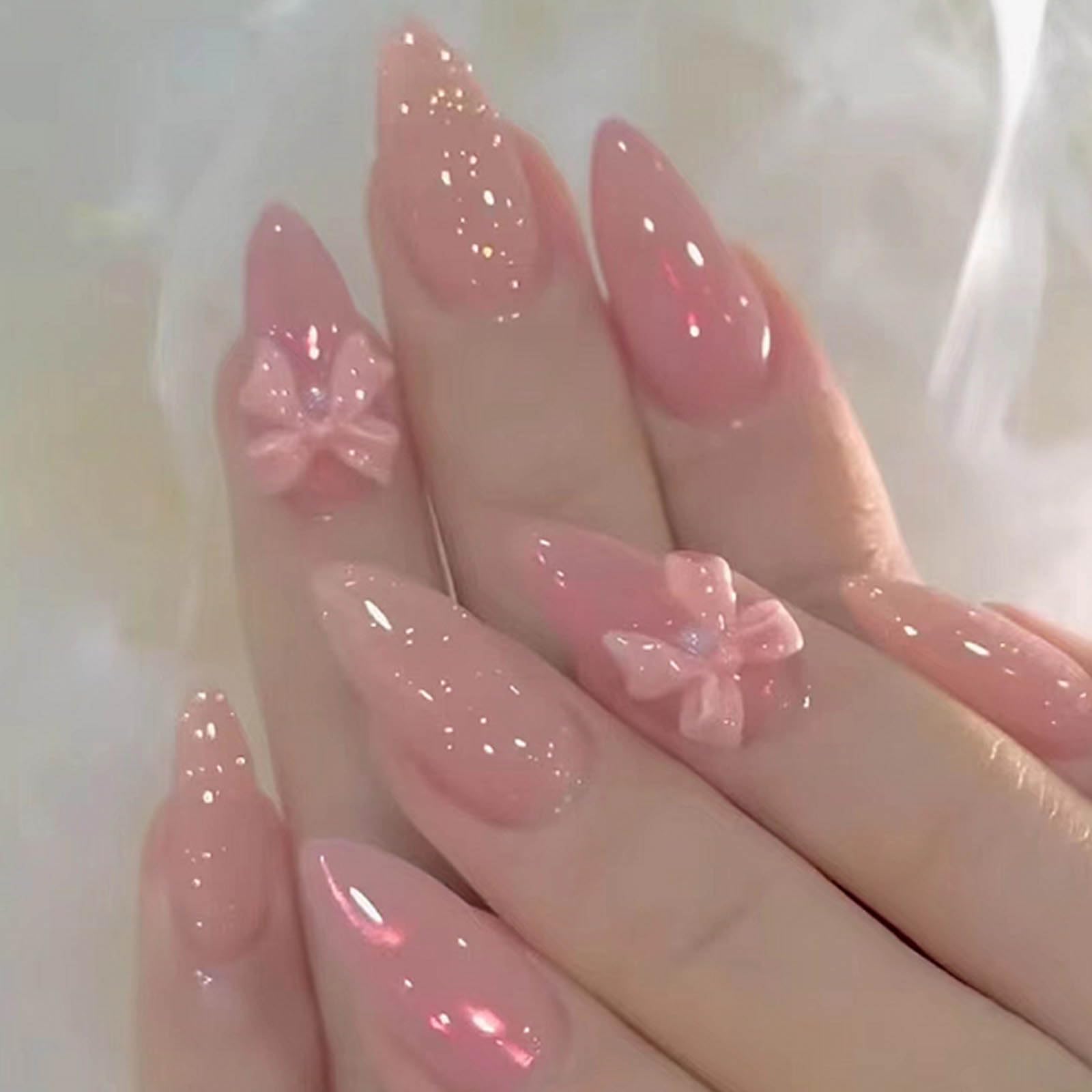 Pink Press on Nails Medium Bow Fake Nails Tips for Women and Girls: Cute Full Cover Almond Fake Nails 24PCS