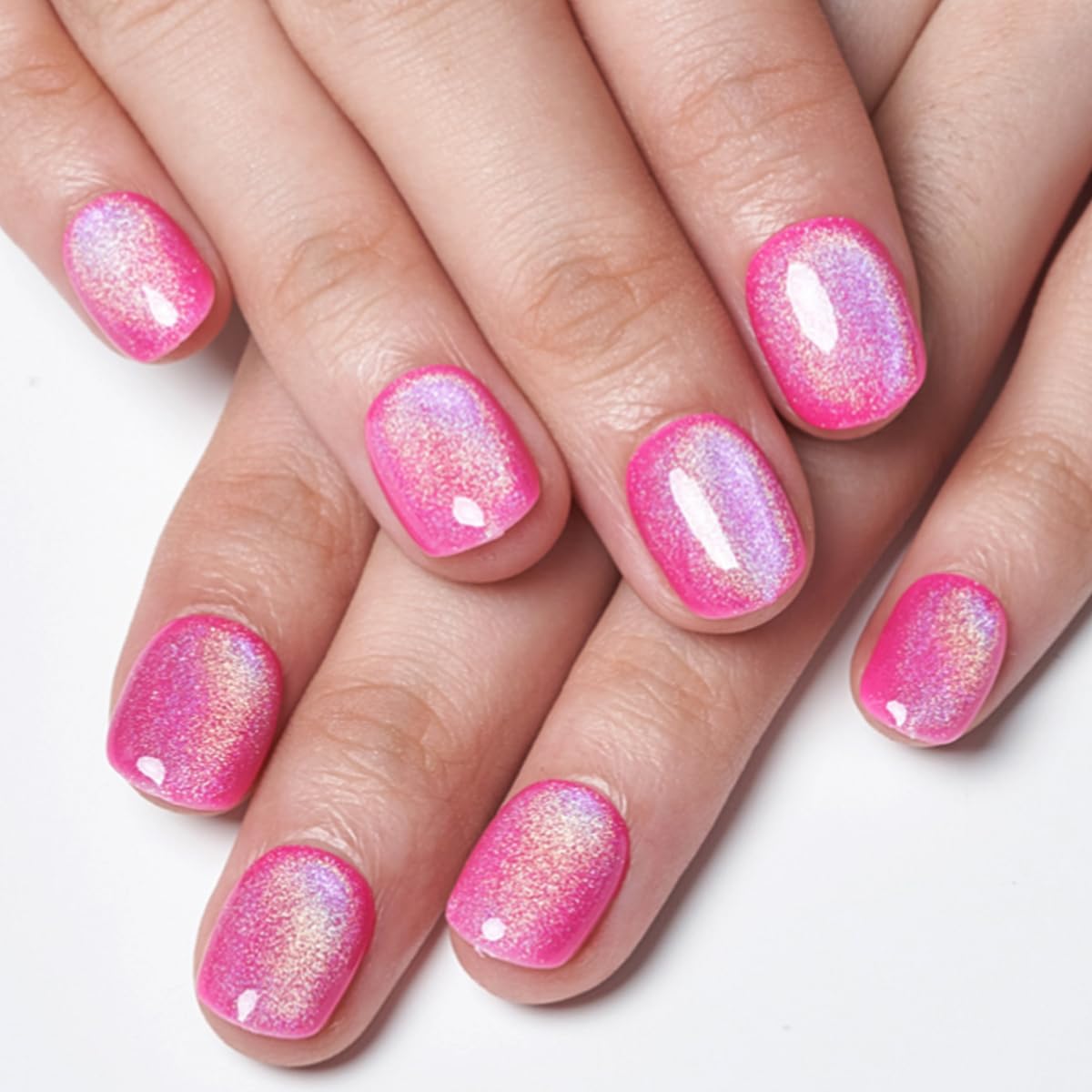 GLAMERMAID Rainbow Hot Pink Cat Eyes Press on Nails for Women Glossy Round Reusable UV Finish Handmade Nail Kits  
GLAME