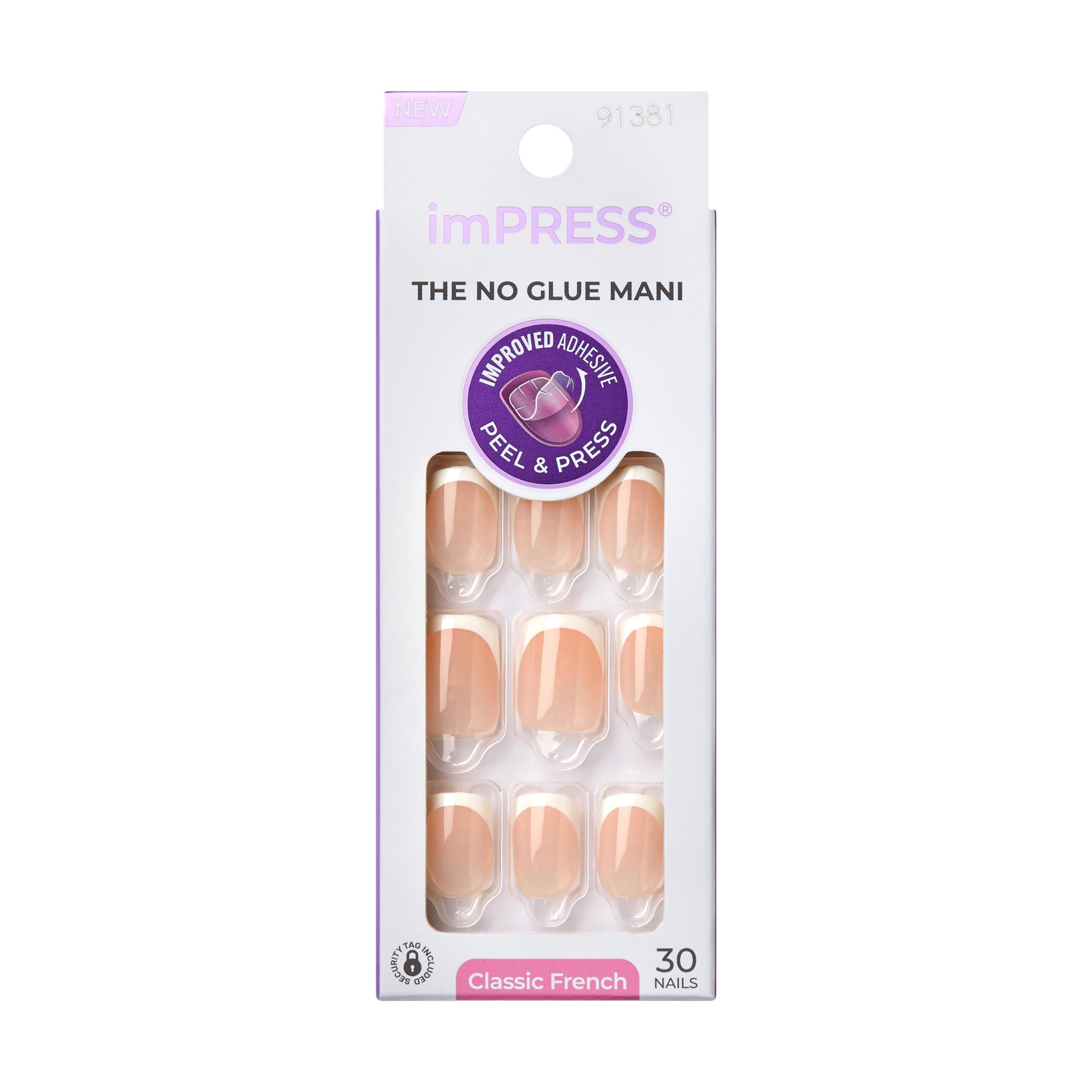 KISS imPRESS No Glue Mani Press On Nails for French Manicure, Model, Light Neutral + White Tip, Short Size, Squoval Sha