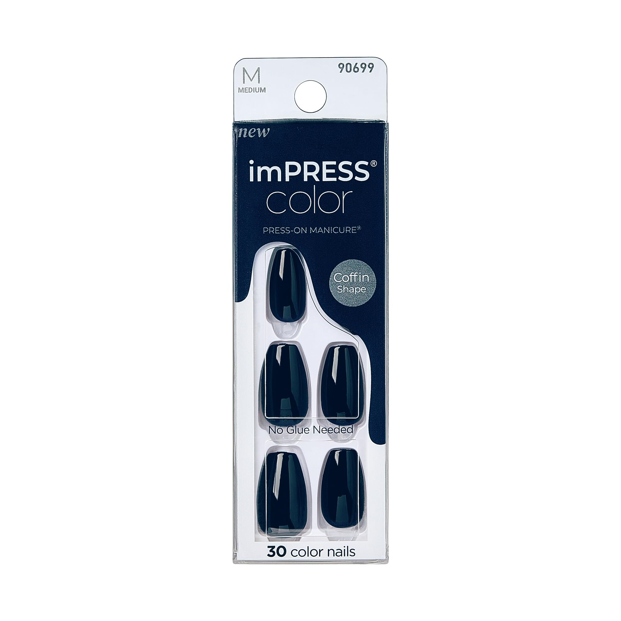 KISS imPRESS Color No Glue Mani Nail Polish Coffin Shape Navy Blue 30 Pcs Easy Apply Easy Remove Essential ToolsIncluded