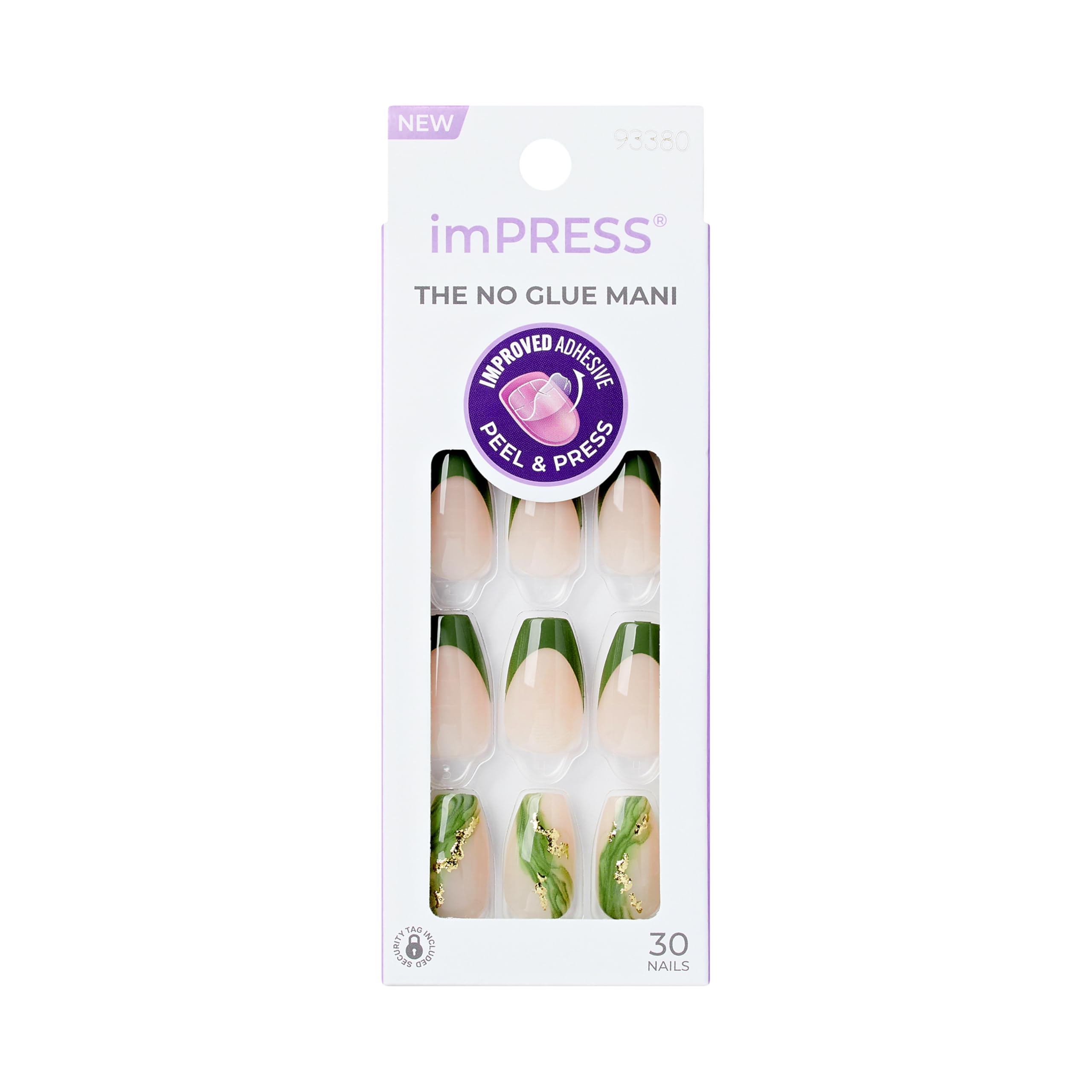 KISS imPRESS No Glue Mani Press On Nails for Ballerina Design Lovers, Neutral/Green Medium Size, Coffin Shape, 30 Nails