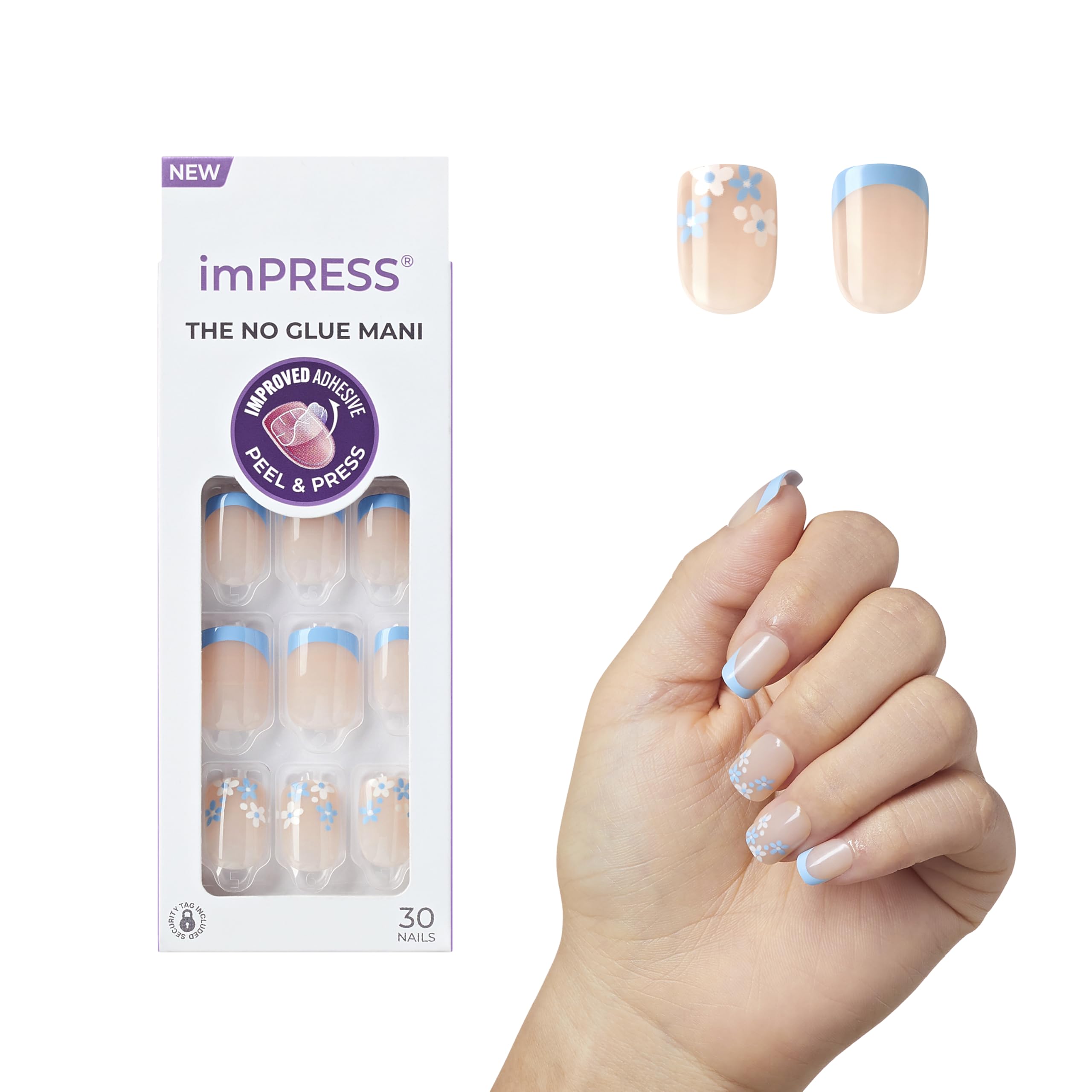 KISS imPRESS No Glue Mani Press On Nails for Mod 'Snooze' Light Neutral Blue Tip French Manicure, Short Size, Squoval Sh