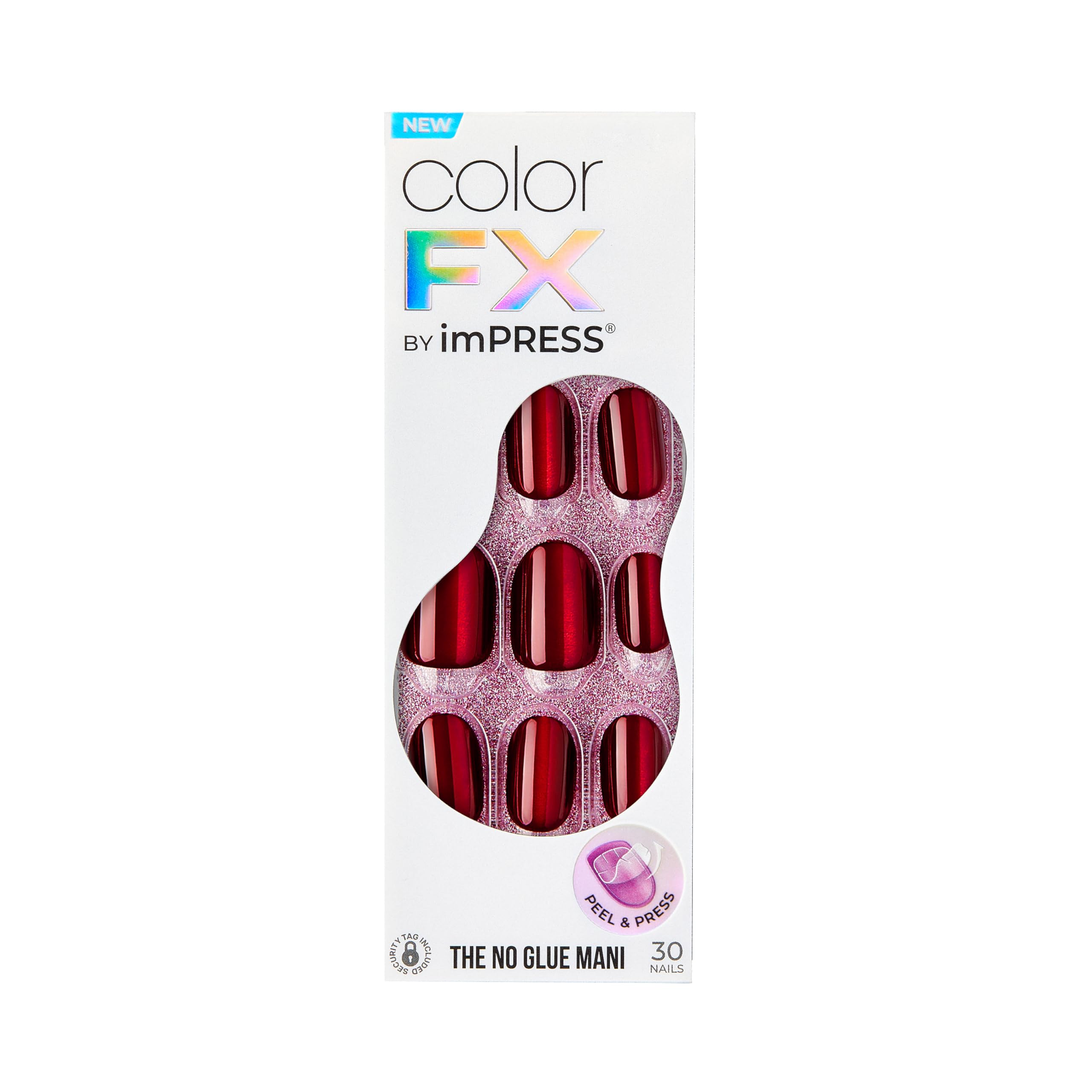 KISS imPRESS No Glue Mani Press On Nails - Color FX 'Hidden Gem' Red, Short Size, Oval Shape - 30 Pieces Per Set, Prep P