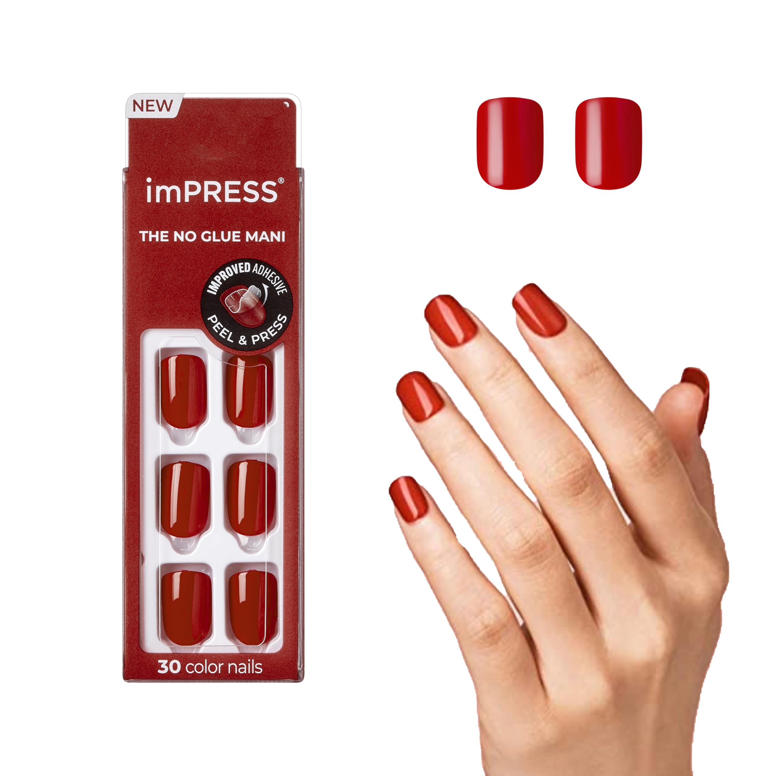  KISS imPRESS Color Polish-Free Reddy or Not Solid Color Press-On Nails for Short Length Nail Enthusiasts, PureFit Techn