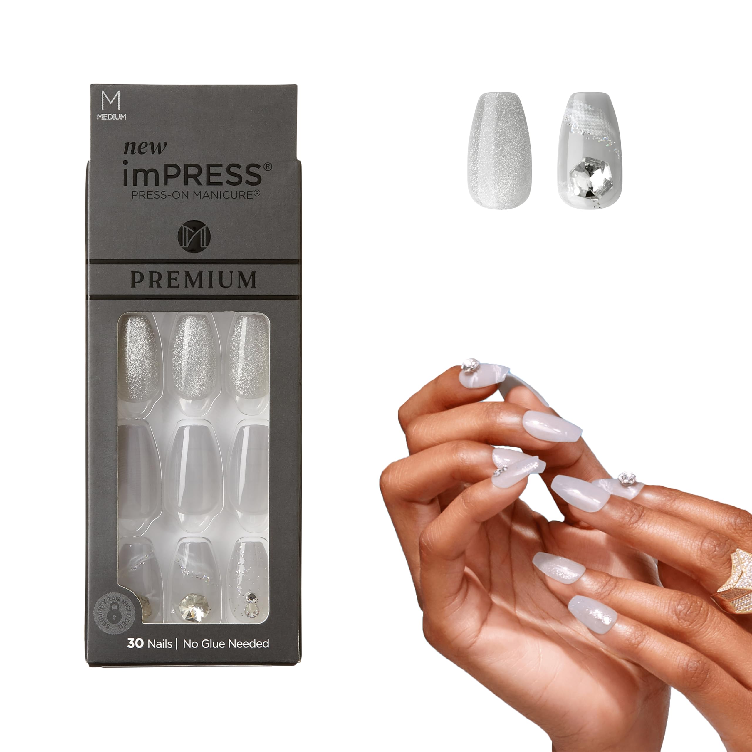 KISS imPRESS No Glue Mani Press Gray Nails for Legacy Medium Size Coffin Shape Manicure Kit Includes 30 Nails Prep Pad I